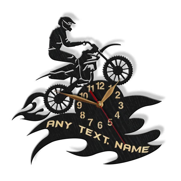 Custom dirt bike wall clock on white background, showing a rider on a racing bike and customizable flame-style base