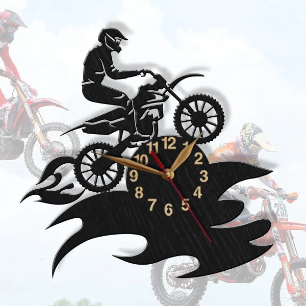 Motocross wall clock mockup with dirt racing background, showing biker and customizable space for name or race number.