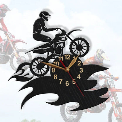 Motocross wall clock mockup with dirt racing background, showing biker and customizable space for name or race number.