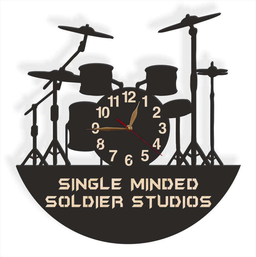 Wall clock with drum kit and custom jazz rock band theme