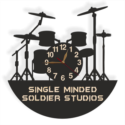 Wall clock with drum kit and custom jazz rock band theme