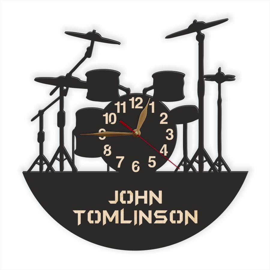Personalized drum set wall clock with jazz rock band-themed
