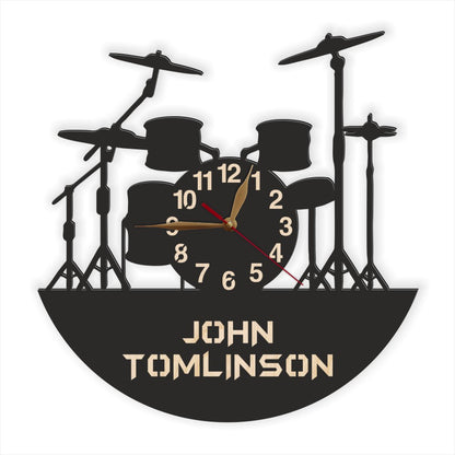 Personalized drum set wall clock with jazz rock band-themed
