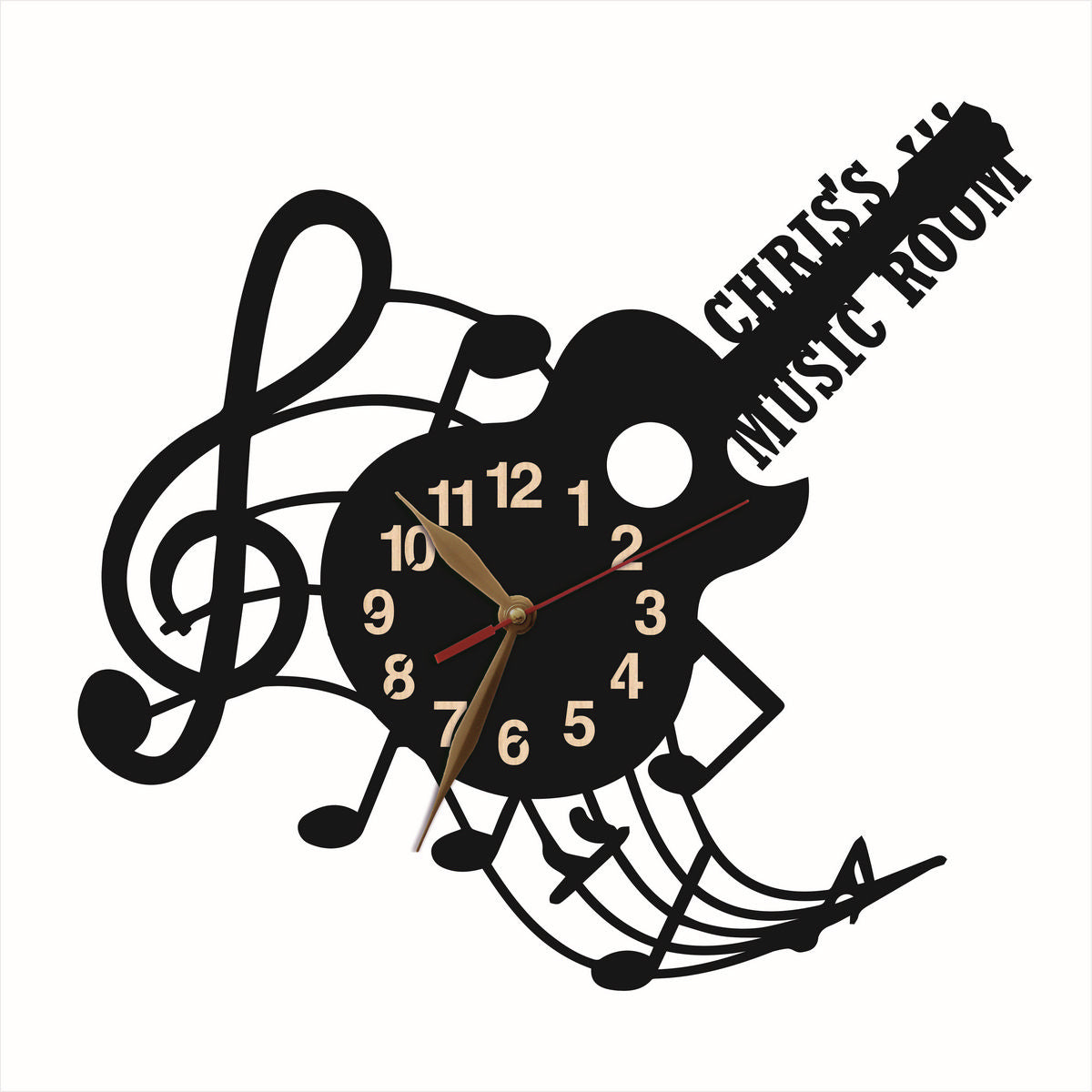 Personalized guitar wall clock with musical notes and treble clef