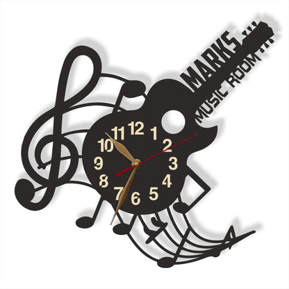 Guitar wall clock for music room, personalized neck and flowing notes