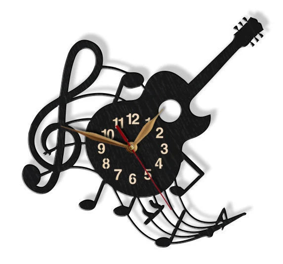 Guitar-themed wall clock with treble clef – musical gift for performers