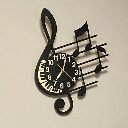 Plain treble clef music clock with piano keys and flowing notes