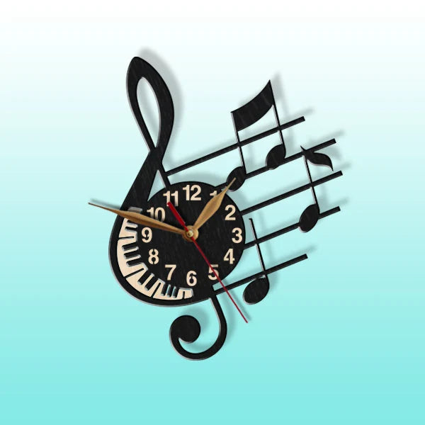Black musical clock in shape of G-clef and note stave