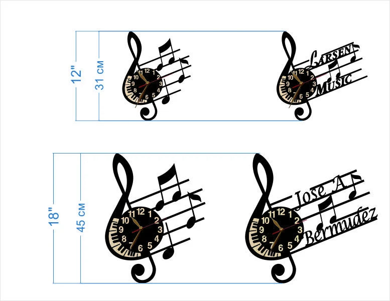Size comparison: 12" and 18" treble clef music wall clocks