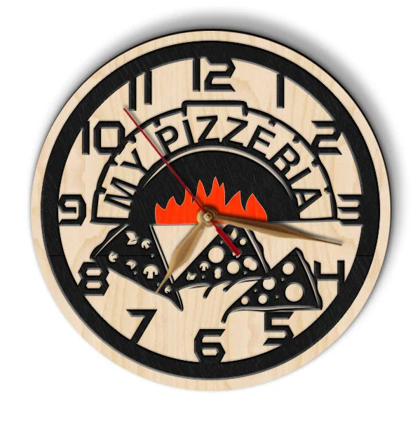 Personalized pizzeria clock with fire oven and pizza slices
