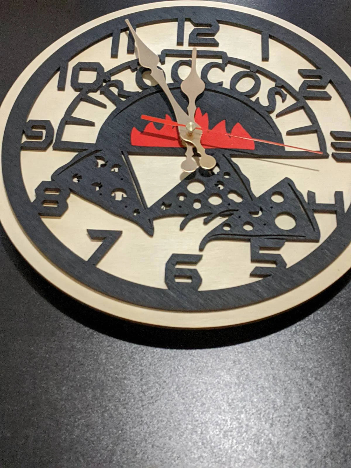 Pizza wall clock with custom restaurant name and cheese slice design