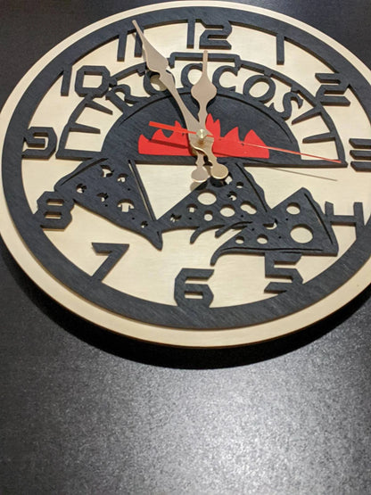 Pizza wall clock with custom restaurant name and cheese slice design