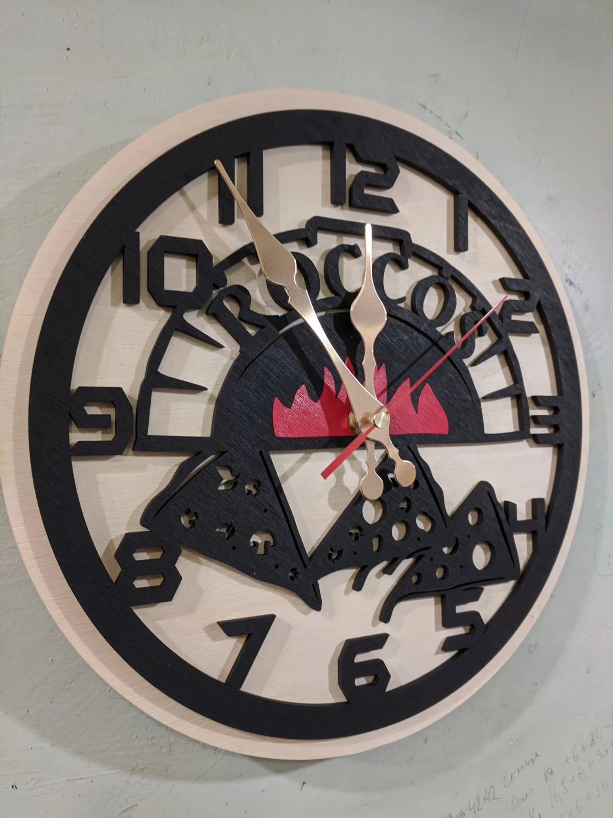 Handcrafted pizza wall clock with burning oven and personalized name