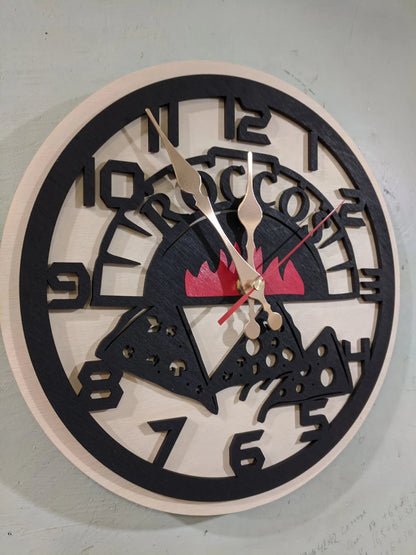 Handcrafted pizza wall clock with burning oven and personalized name