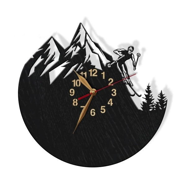 Close-up of skier in action on wall clock with space for custom text