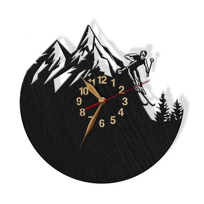 Close-up of skier in action on wall clock with space for custom text