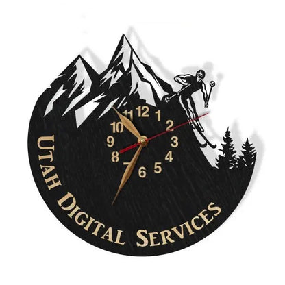 Ski-themed wall clock with skier mid-jump and custom text