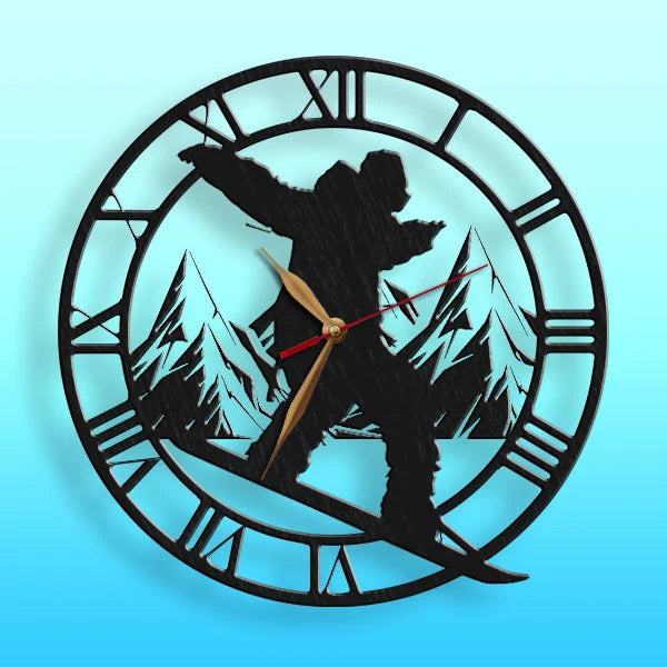 Snowboarder wall clock with Roman numerals and mountain background