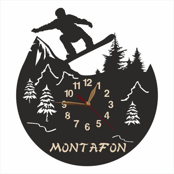 Snowboarder wall clock with custom text, pine trees, and dynamic mountain scene