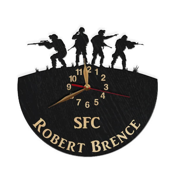 Engraved custom name on military clock with soldier figures