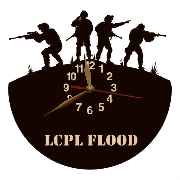 Close-up of personalized wooden military gift clock