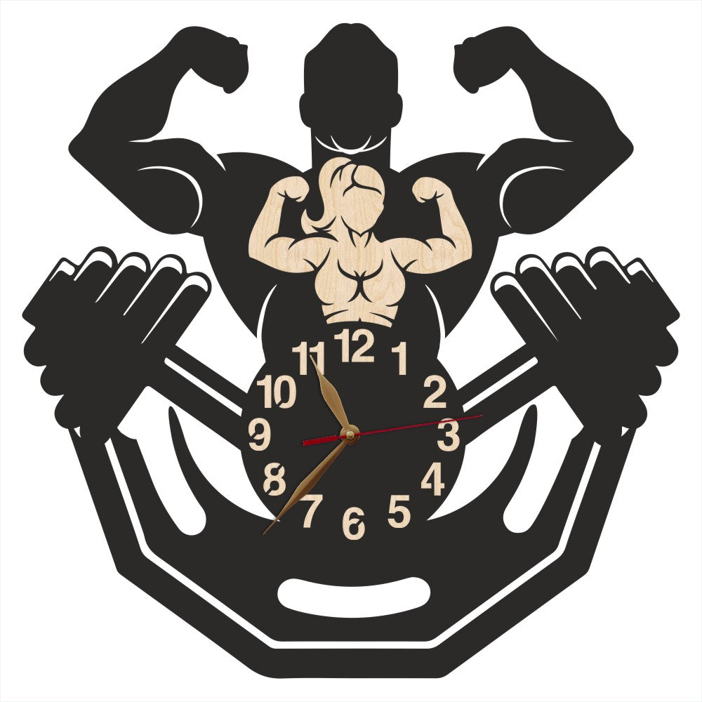 Mixed design wall clock with strongman and strongwoman flexing