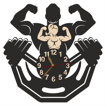 Mixed design wall clock with strongman and strongwoman flexing