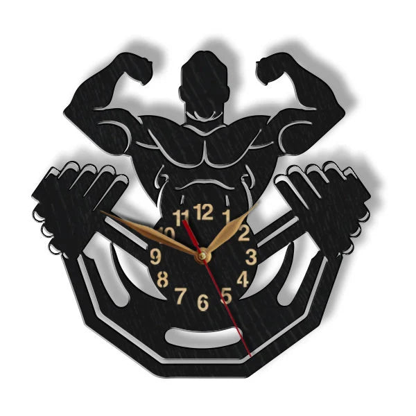 Bodybuilder wall clock with muscular male figure holding dumbbells