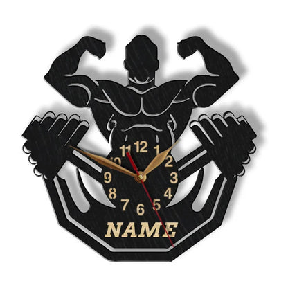 Custom gym clock with strongwoman silhouette and name lettering