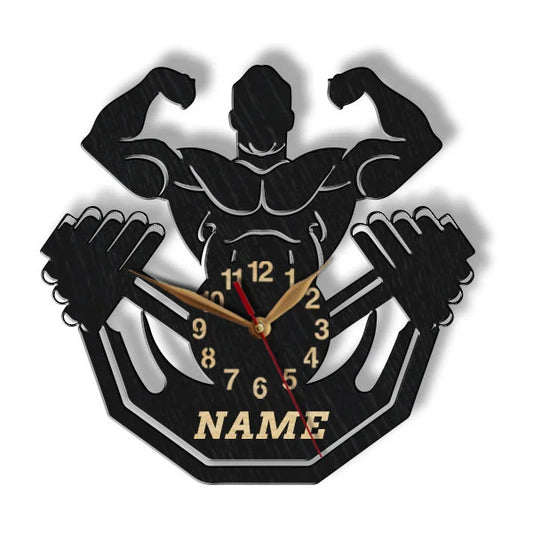 Custom gym clock with strongwoman silhouette and name lettering