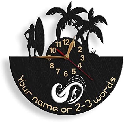 Surf-themed personalized clock featuring a male surfer and ocean wave, mounted on a beach backdrop