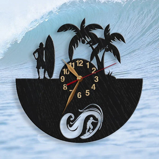 Custom surfing clock with male surfer, waves and palm trees