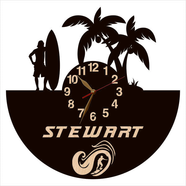 Custom name wall clock for surfers – male version with palm trees and tropical vibe