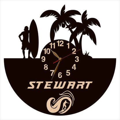 Custom name wall clock for surfers – male version with palm trees and tropical vibe