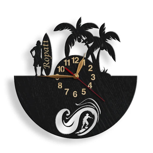 Wooden wall clock with male surfer silhouette, palm trees, and wave cutout – customizable with name or text