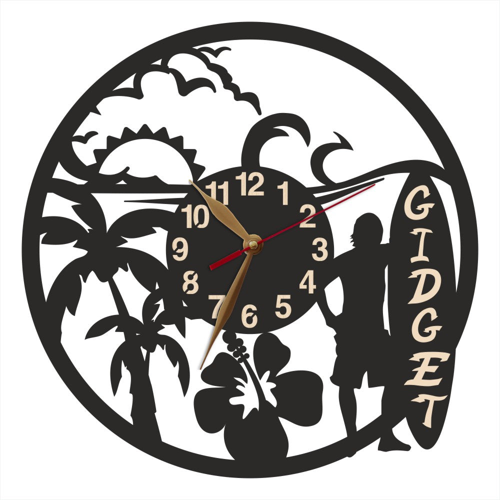 Personalized wooden clock with surfboard - Hawaiian surf art for wave chasers.