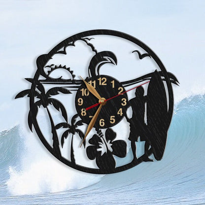 Round Hawaiian wall clock featuring male surfer and custom text area