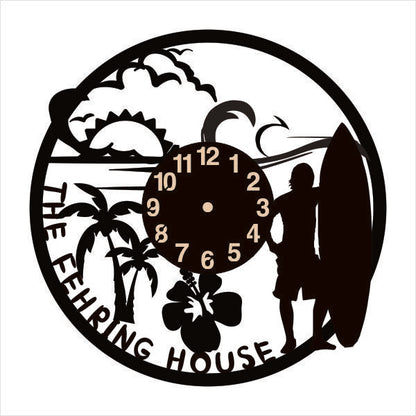 Personalized surfing wall clock with male silhouette, palm trees, and hibiscus flower