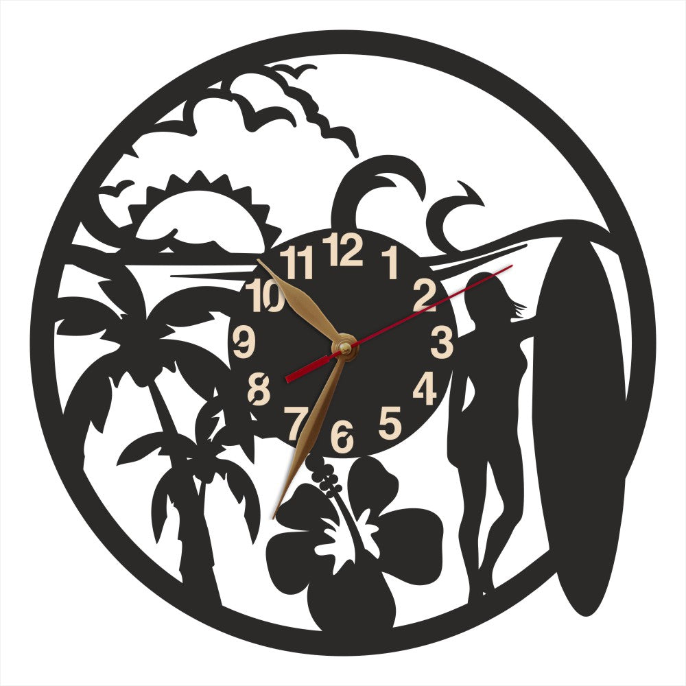 Wall clock showing female surfer silhouette beside palm trees, waves, and hibiscus flower—custom name space.