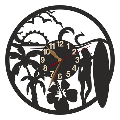 Wall clock showing female surfer silhouette beside palm trees, waves, and hibiscus flower—custom name space.