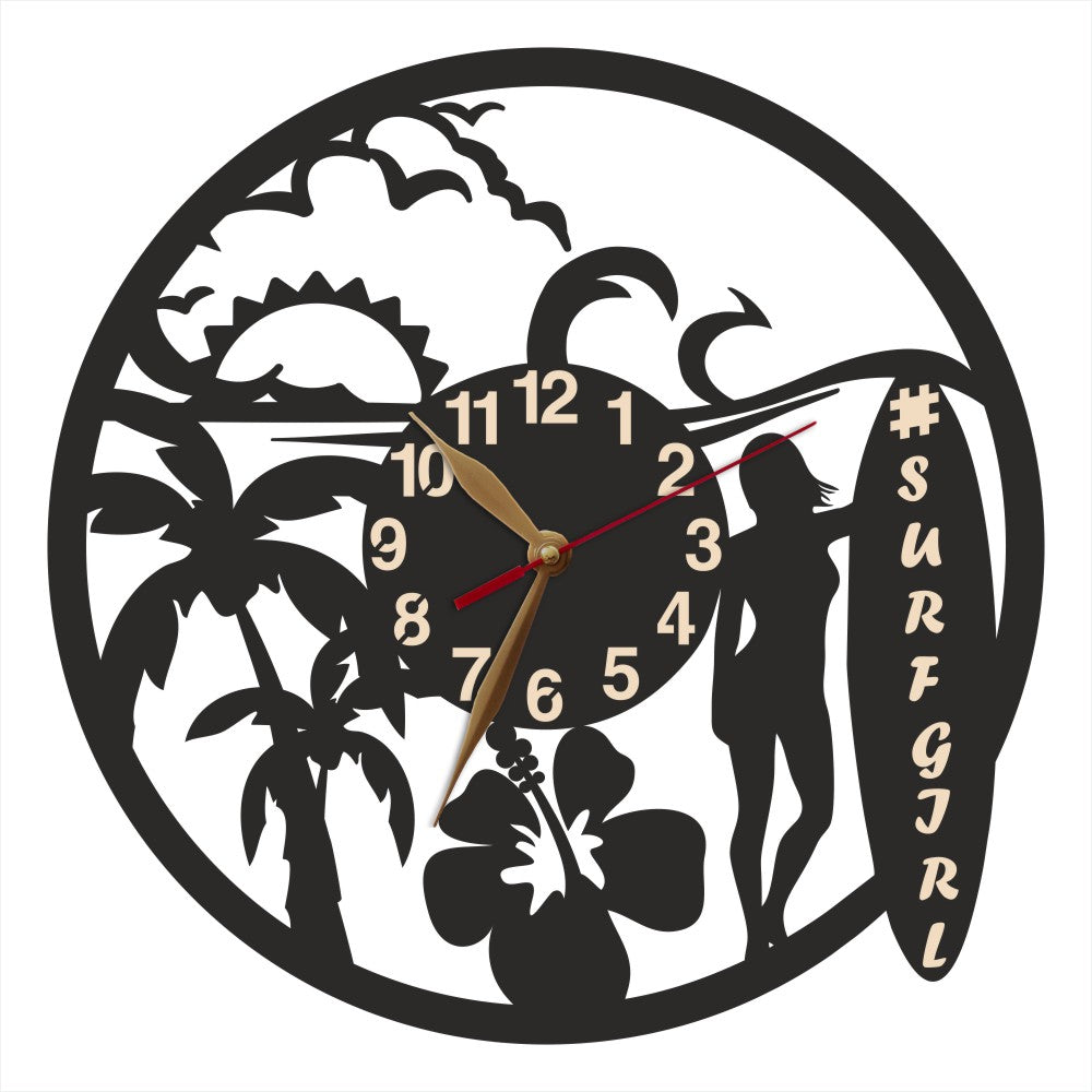 Clock with "SURF GIRL" on the board - perfect personalized gift for a surfer chick or island dreamer