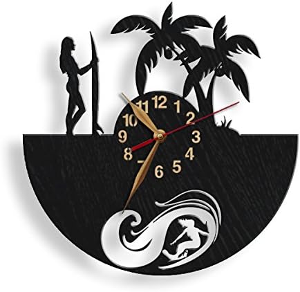 Woman surfer-themed wall clock with tropical design and palm trees, ready for customization
