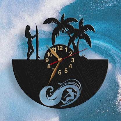 Custom surfing clock with female silhouette, wave detail, and ready for a personal message