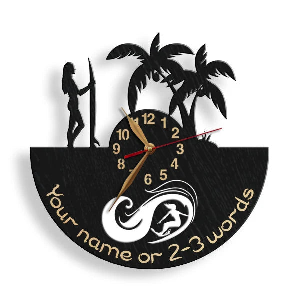 Female version of personalized surfer clock with wave and palms, perfect for beach lovers