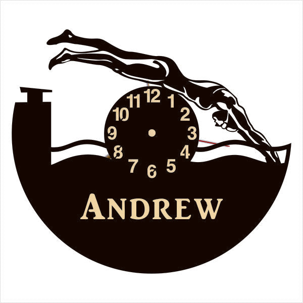 Wall clock with male swimmer diving over round clock face and customizable name below.