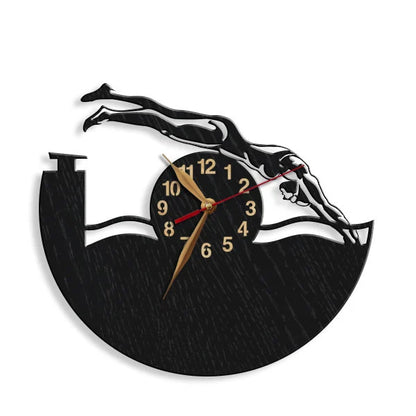 Custom clock for swim fans, featuring girl swimmer silhouette and curved wave base.