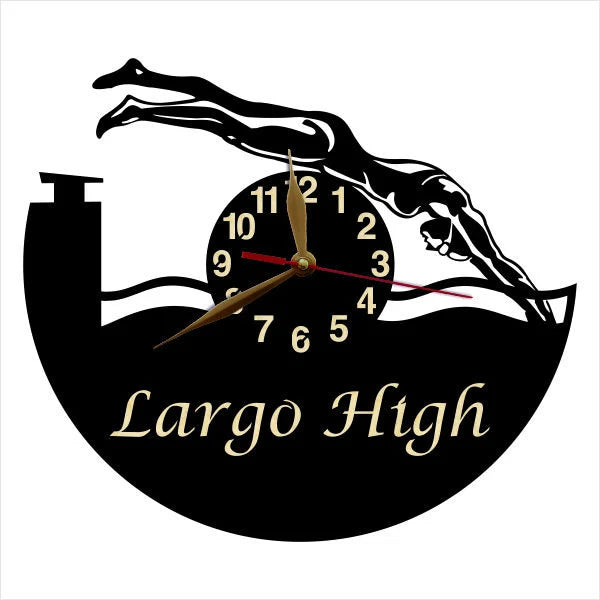Wall clock design showing female swimmer in dive position, personalized with a name