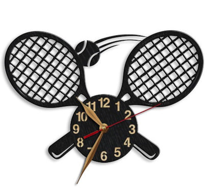 Wall clock with tennis rackets and ball in black wood design