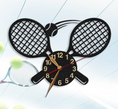 Modern tennis-themed clock featuring crossed rackets and ball