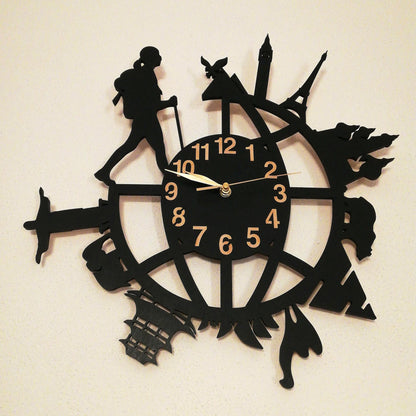 Decorative wall clock for travelers featuring walking figure and silhouettes of global destinations